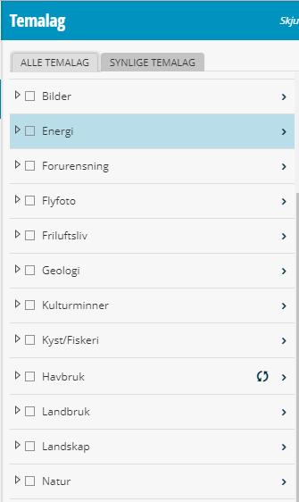 Temalag Temalagene er delt opp i forskjellige kategorier (de fleste av kategoriene er basert på kategoriene i DOK) Du kan skru på en hel kategori, eller enkelte temalag Du