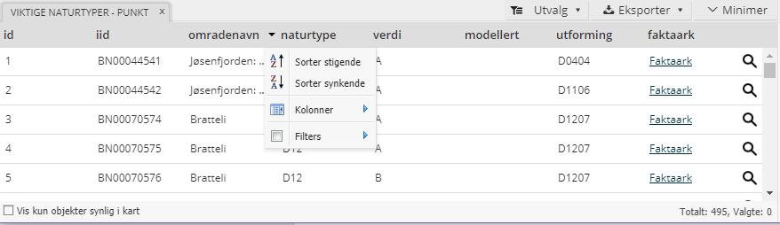 Temalag - Tabellvising Du kan sortere kolonner stigende eller synkende ved å klikke på kolonnenavn Du kan velge hvilke kolonner som vises i tabellvisningen, og lage et