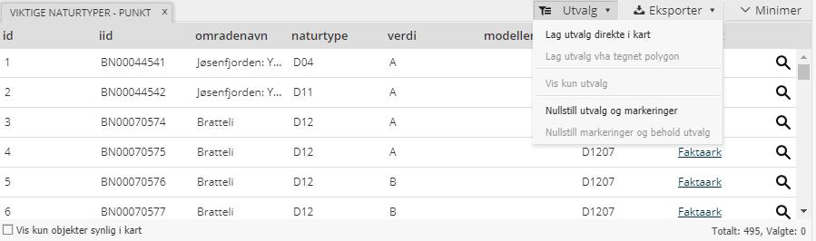 Vær oppmerksom på Utvalgsmeny (uthevet i rødt) o o o Tabellvising - Utvalg Her kan du lage utvalg direkte i kartet Utvalget bestemmer hvilke data som blir