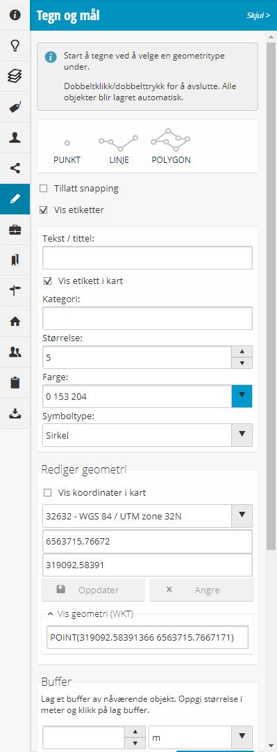 Tegn og mål - Punkt Velg punkt blant objekttypene For å tegne punktet, klikk i kartet Du kan snappe til objekter du allerede har tegnet Hvert objekt kan ha en tittel og en kategori Du kan velge