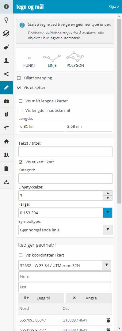 Tegn og mål - Linje Samme som for punkt, men du må klikke to eller flere ganger for å tegne linjen.