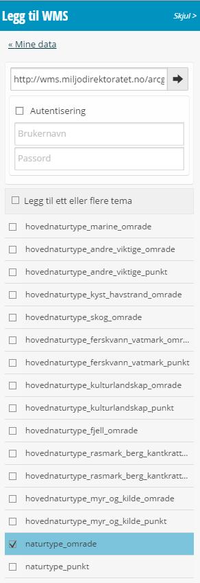 Mine data WMS import Skriv eller lim inn en WMS-tjeneste adresse For eksempel http://wms.miljodirektoratet.