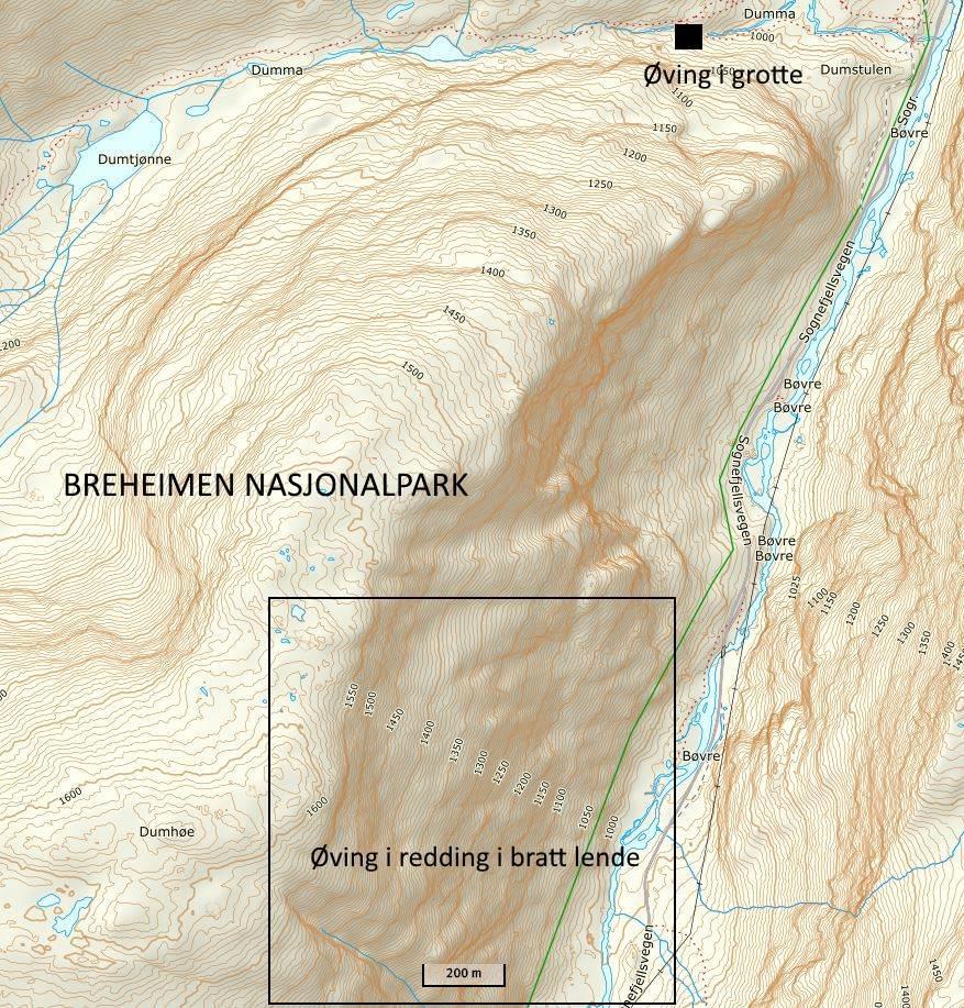 Kart over område for øving i regi av Nord Gudbrandsdal alpine redningsgruppe. Presedens Presedensverknad av tiltaket er liten.