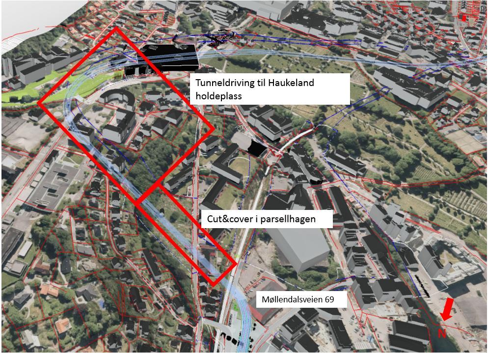 Figur 2: Illustrasjon av planlagt trasé gjennom cut&cover-løsning i Parsellhagen, og videre i tunnel opp til Haukeland holdeplass, og videre i tunnel til Kronstad. Kilde: Sweco SMART-modell. 3.1.