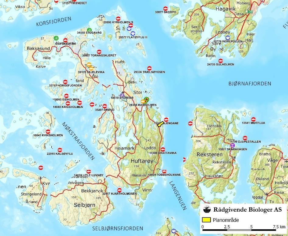 OMRÅDEBESKRIVELSE Planområdet ligger i overgangen mellom Langenuen og Bjørnafjorden, på østsiden av Huftarøy i Austevoll kommune (figur 2).