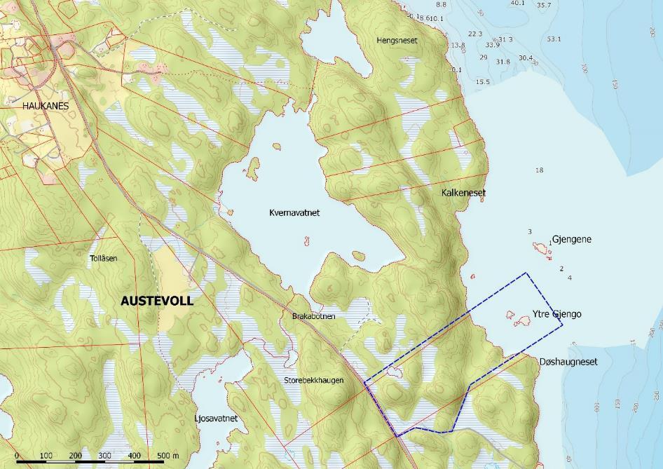 Det planlagte utfyllingsområdet i sjø omfatter et gruntvannsområde mellom Døshaugneset i sør og Gjengene i nord (figur 3).