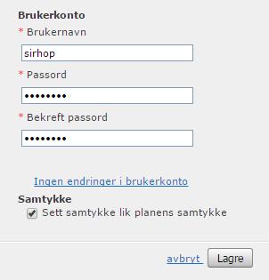 Gi deltakeren brukernavn og passord på samme måte som beskrevet i punkt 6, og trykk «Lagre». Ansatte i Tromsø kommune skal ha sitt Tromkomnavn som brukernavn (eks heimat). Andre får sin epostadresse.