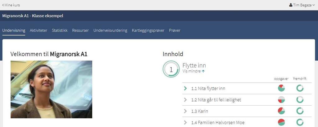 Oppgaver og fremdrift vises for hver leksjon, og samlet