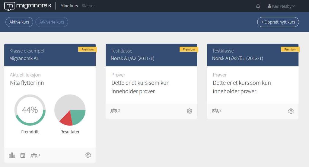 Dashbord Hver gang du logger inn vil du se dashbord, som viser deg hvilke klasser du underviser i og hvilke kurs som inngår i disse klassene.