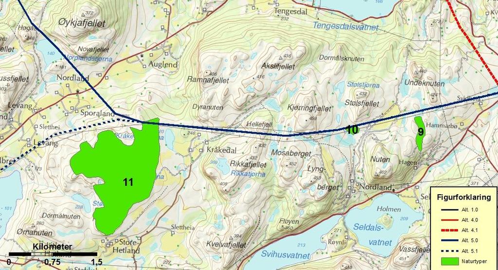 Ny 420 kv forbindelse Lyse Stølaheia Mai 2013 Figur 5.11. Beliggenhet av viktige naturtyper i og ved deltraseen. Felles trasé for 4.0/4.1 og 5.0/5.