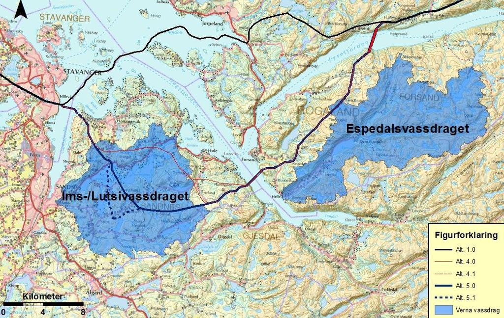 Ny 420 kv forbindelse Lyse Stølaheia Mai 2013 Espedalsvassdraget og Ims-/Lutsivassdraget, som begge er vernet mot kraftutbygging, vil bli berørt av alternativene 4.0/4.1 og 5.0/5.1. Traseen berører en perifer, nordvestlig del av Espedalsvassdraget.