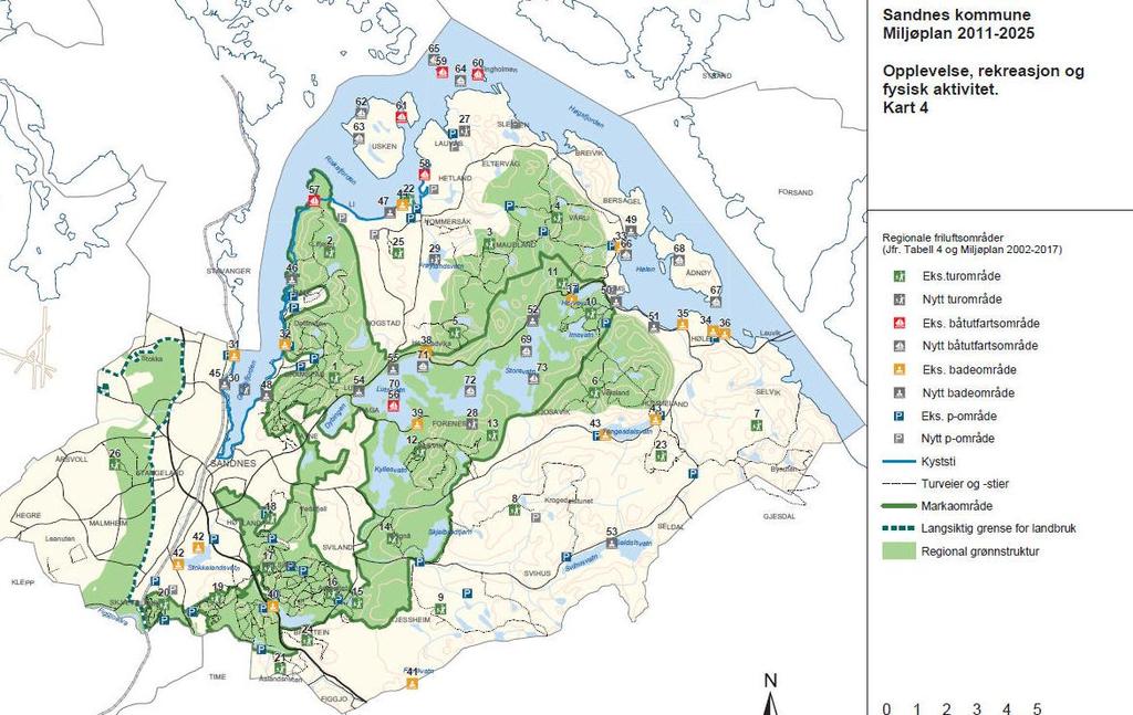 Figur 5.25. Kart som viser områder viktige for opplevelse, rekreasjon og fysisk aktivitet i Sandnes kommune (kilde Miljøplan for Sandnes kommune 2011-2025).