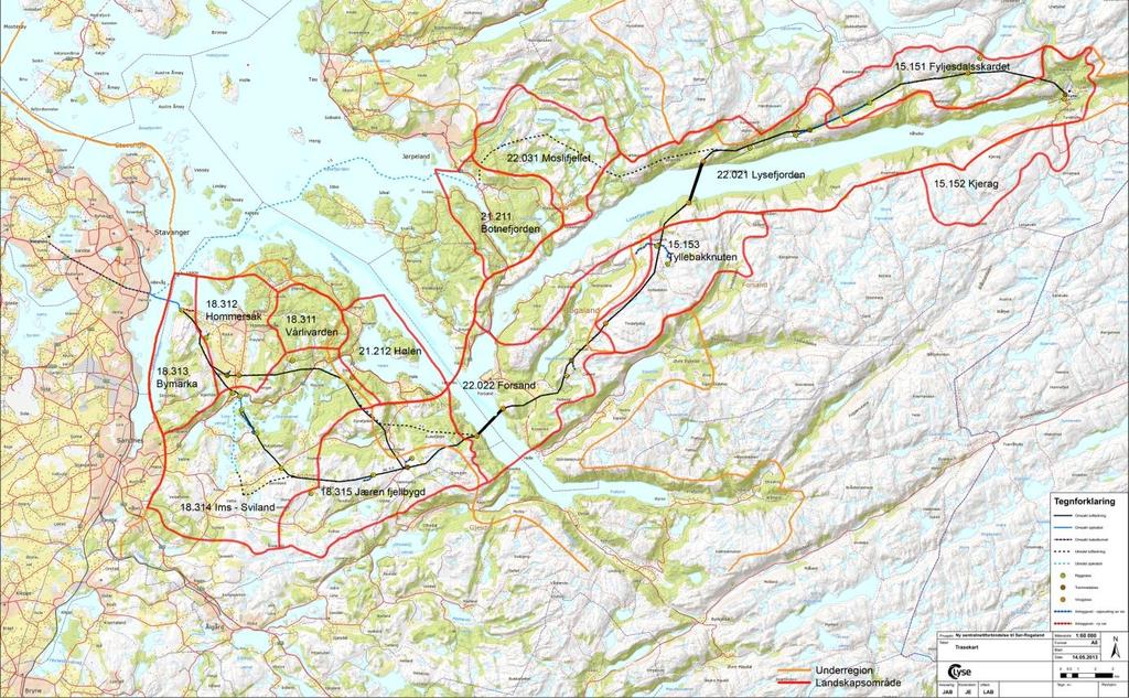 Ny 420 kv forbindelse Lyse Stølaheia Mai 2013 Figur 5.6. Oversiktskart over traseområdet med inndeling av landskapsområder (rød strek). Underregionsgrenser (NRF) er vist med oransje strek. 5.4.7.