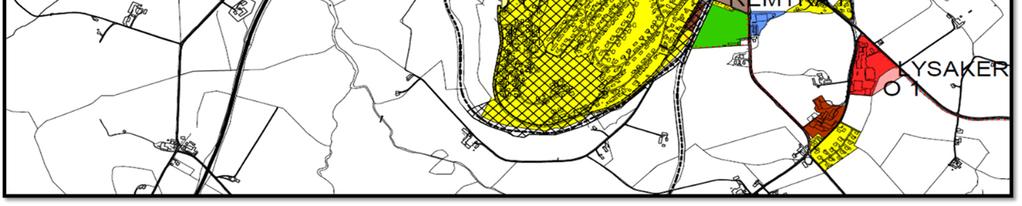 I det gule området befinner det seg per i dag en barnehage og dette området må derfor oppfylle krav for «Utenfor ytre sone».