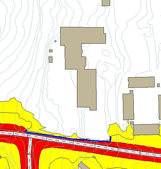 Figur 3: Støysonekart, L den, med framskrevet trafikk vist i 1,5 meters høyde. Gul sone fra 55-65 db. Rød sone over 65 db. 1,8 meter høy støyskjerm vist i blått.