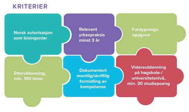 Hva kreves for å bli godkjent spesialist? Videreutdanning 30 stp Bestått videreutdanning ved høgskole eller universitet tilsvarende 30 studiepoeng ut over grunnutdanning som bioingeniør.