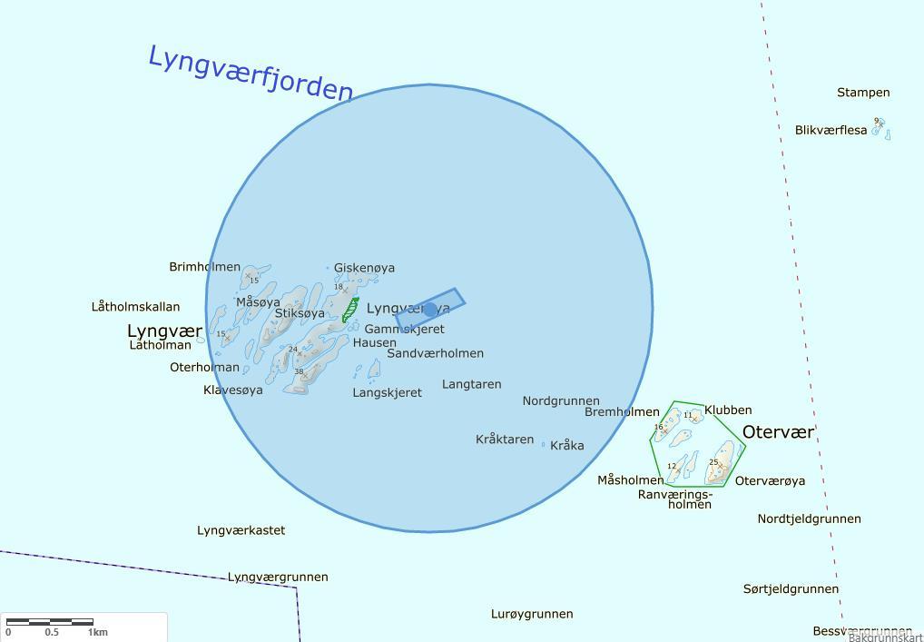 Lyngvær), samt vernede naturreservatområder (rød skravur) 3 km sørøst for Lyngvær og 3,2 km nord-nordvest for Håvær (i samme område er det registrert