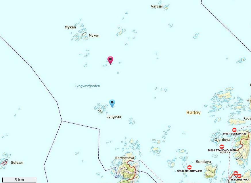 Figur 1. Oversiktskart over Lyngværfjorden (Rødøy kommune). Posisjonen for lokalitetene er markert med blått (Lyngvær) og rødt (Håvær).