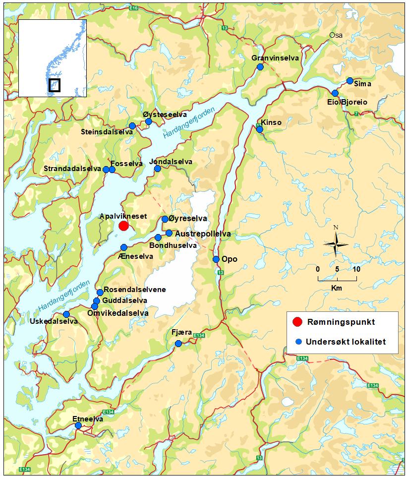 De 20 utvalgte vassdragene var, fordelt etter kommune: Eidfjord kommune: Eidsfjordvassdraget og Sima; Etne kommune: Etneelva og Fjæra; Granvin kommune: Granvinsvassdraget; Jondal kommune: