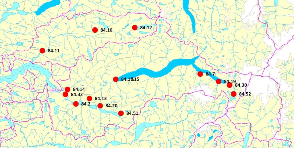 Figur 10. Vurderte målestasjoner. Kommentarer fra NVE til de enkelte målestasjoner: 84.1 Jølstravatn er regulert fra 01.11.1951. 84.13 Jølstra: Målestedets beliggenhet ca. 500 m ndf.