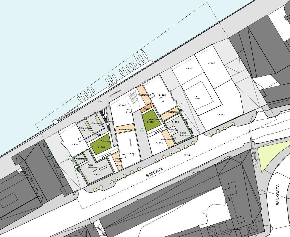 Skissen legger til rette for å beholde tosidig parkering som i dag. I vest viser skissen adkomst til p-kjeller. Langs fasaden mot Sjøgata er det inngang til næring.