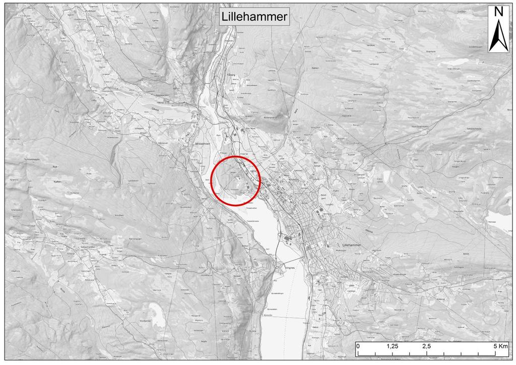 Figur 1, planområdet markert med raud sirkel 3. Beskriving og vurdering av omsøkt kulturminne Tjærebrenningsanlegg id 89595 vart registrert i samband med reguleringsplan for Hovemoen massetak i 2004.