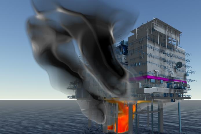 gasspredning, brann og eksplosjoner i 3D.