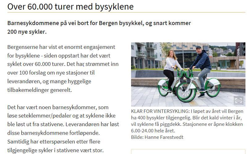 Medfinansiering av Bergen bysykkel Startet i juni 2018 Lagt