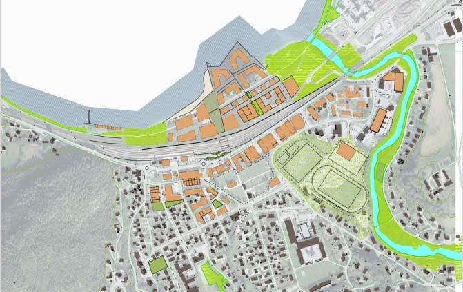 Figur 32: Visjonsmodell 3. Visjonsmodell 3: Ytterligere utvikling ved utfylling i sjø. Ytterligere fokus på styrking av sentrums kontakt med sjøen. Urban bebyggelse med grønnstruktur på sidene.