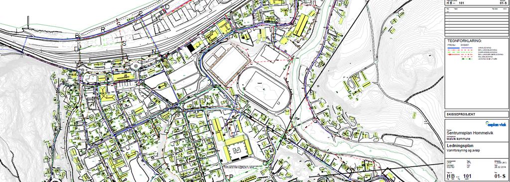 I motsatt ende kobles ledningen til vannledningsnettet for Hommelvik Sjøside, i pkt. F. Gjennom utbyggingsområdet følger vannledningen gangvegene mellom bygningene og sjøen.