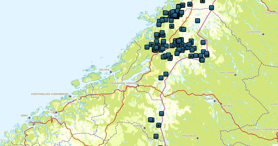 Side 14 av 24 Figur 4: Kart over rein dokumentert eller antatt drept av jerv i region 6 i perioden 1.1.2017 09.05.2018 (n = 111).