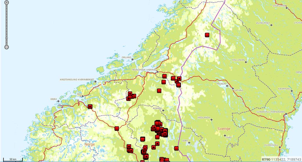 Side 9 av 24 på sau i kommunene; Meråker, Rennebu, Rauma, Stjørdal, Meldal, Selbu og Holtålen, og en skade på tamrein i Lierne kommune.