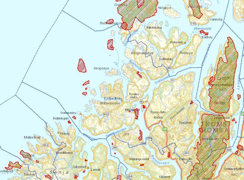 Kart som viser berørte områder Figur 1 Tromsø kommune; røde skraverte felt er naturvernområder.
