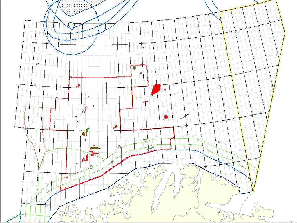 Områdebetraktninger Blokker, funn, felt Iskanten, 50 km TFO W JC Hensyn til koraller S G Ikke leteboring i