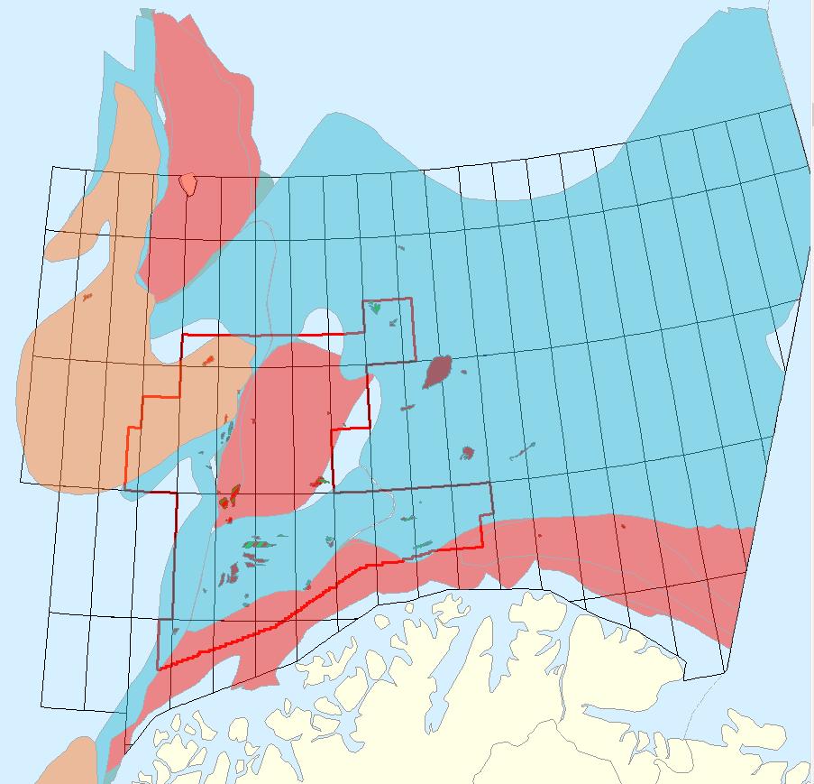 Åpent område i Barentshavet: Utbredelse av letemodeller kartlagt av OD og brukt i risikovurderingen. Jura (sandstein): Blå. Perm (Mest kalkstein): Rød. Paleocen: Brun.