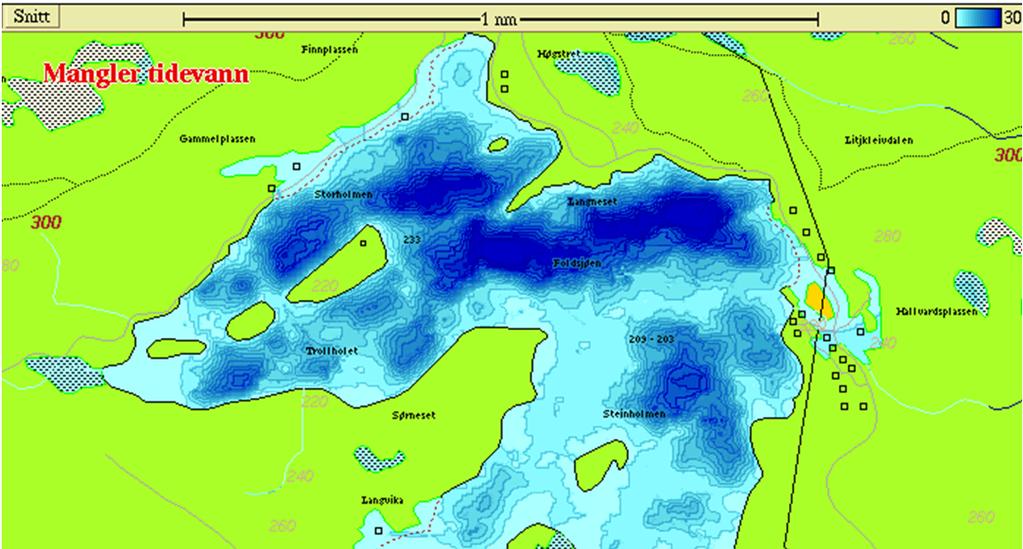 Vedlegg 1 Vedlagt er et kart med 2 meters dybdekoter, i tillegg til kartet i rapporten med 5 meters dybdekoter.