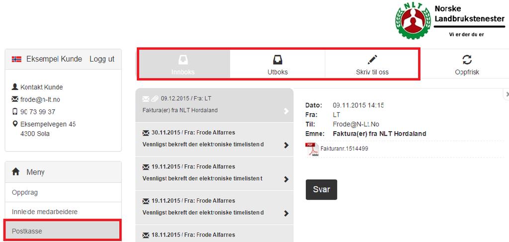 5. Postkasse I postkassen finner du alle e-poster som er kommunisert mellom deg som bruker og deg som kunde. Alle e-poster eller henvendelser er datert. Fakturaer er vedlagt som pdf-fil.