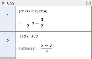 Mer om forenkling av rasjonale uttrykk 1.4.19 Forkort brøkene. Sjekk løsningen med CAS i GeoGebra. a) 1 Først faktoriserer vi telleren ved hjelp av nullpunktmetoden.