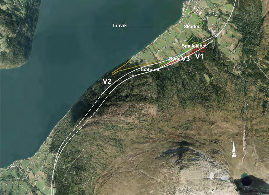 23 veg til E39 og inn på fv. 60 heilt vest i Innvik. V-3 (Kombinasjonsalternativet) Tunnelen under Utvikfjellet kjem ut lengst nede i Tverrlida i Utvik.