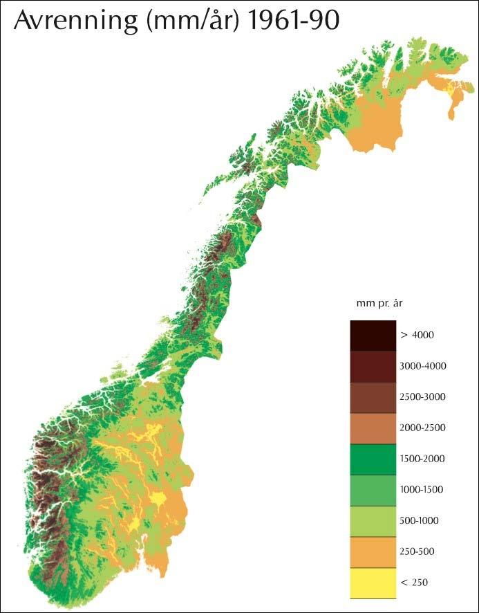 Avrenningskart for Norge - årsmiddelverdier for avrenning 1961-1990 fra Norges vassdrags- og energidirektorat (NVE). Kartet har et 1x1 km 2 rutenett beregnet med HBV-/GBV-modellen (www.nve.no).