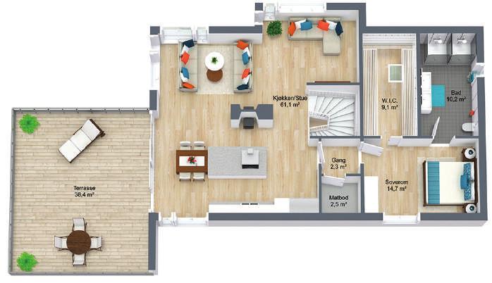 Stue og kjøkken samt hoved soverommet er plassert på -plan.