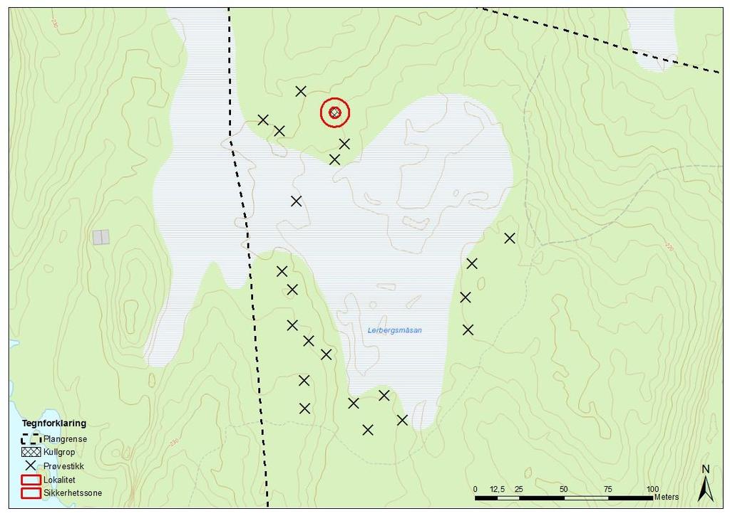 Kart 5: Oversiktskart over Lerbergsmåsan med kullgrop (ID 177648) og prøvestikk.