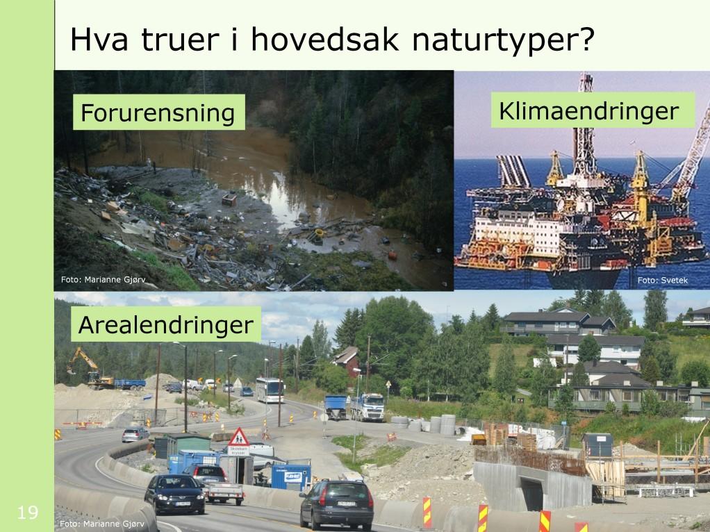 Hovedtruslene for truete naturtyper er som følger: 1. [klikk] Arealendringer: Om lag halvparten av naturtypene er påvirket av dette.