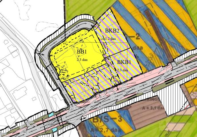 Side 5 av 8 Gjeldende planer i området med planforslaget klippet inn. Vedtatt oppgradering og omlegging av Svenåvegen vil fungere som adkomstvei til planområdets næringsarealer i bakkant.