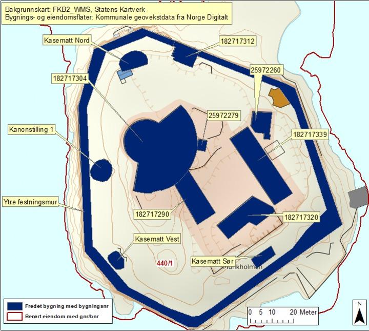 Gnr/bnr Omfang Falkenskjoldsmessen 1772-1775 182717339 440/1 Eksteriør/Interiør Kanonstilling 1 1940-1945 440/1 Eksteriør/Interiør Kasematt nord ved redskapsskur 1835 25972287 440/1