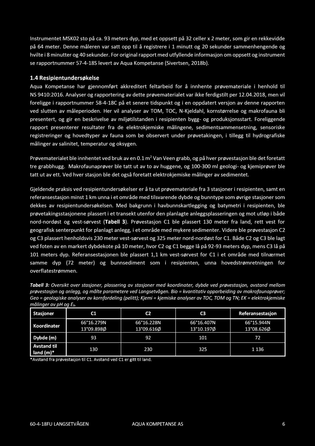 For original rapport med utfyllende informasjon om oppsett og instrument se rapportnummer 57-4-18S levert av Aqua Kompetanse (Sivertsen, 2018b). 1.