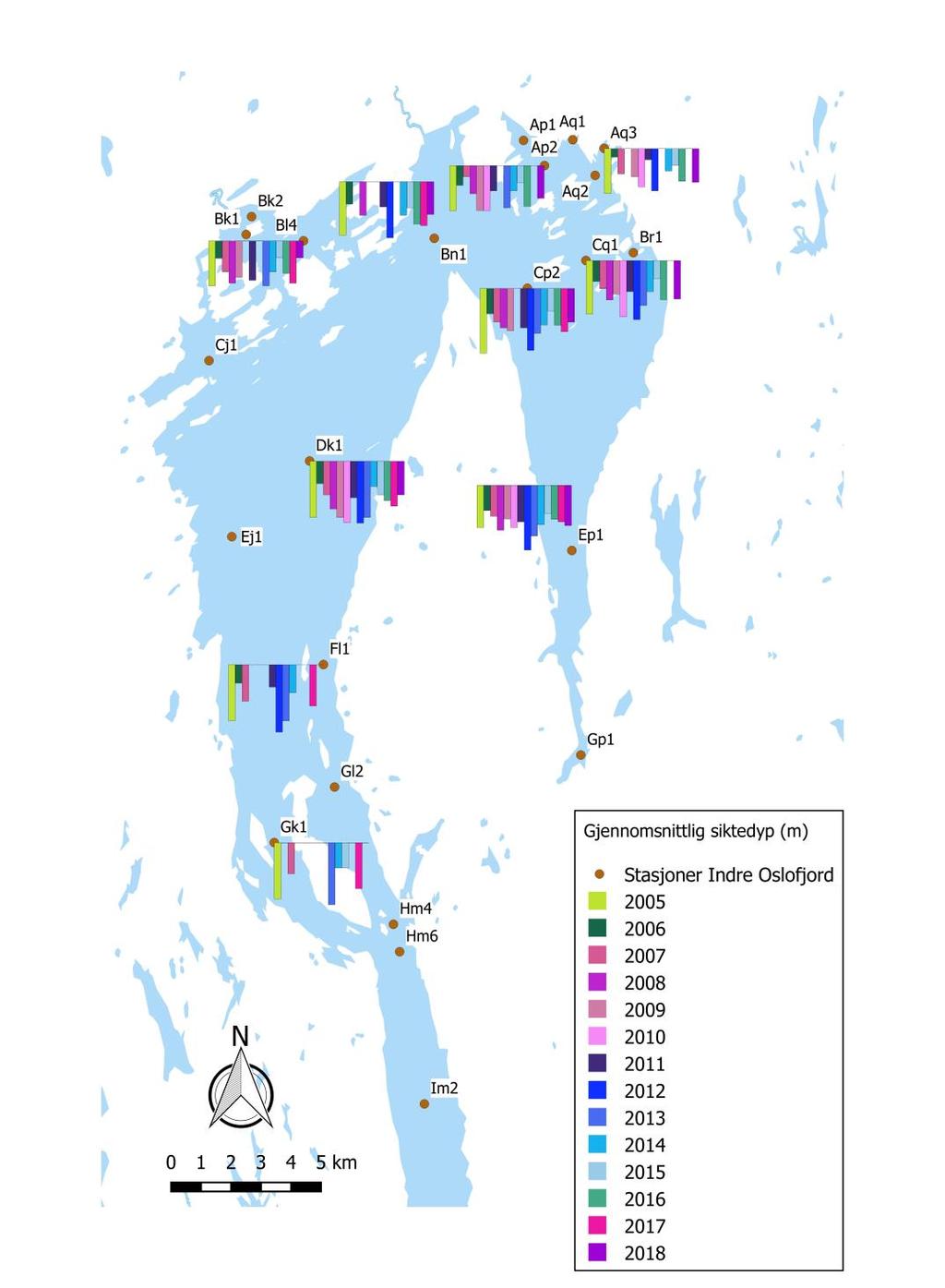 Siktedypmålinger for desember måned i 2018 og foregående år Plottede data på kartet til venstre viser desember-målinger ved utvalgte stasjoner i Indre Oslofjord (i perioden 2005-2018).