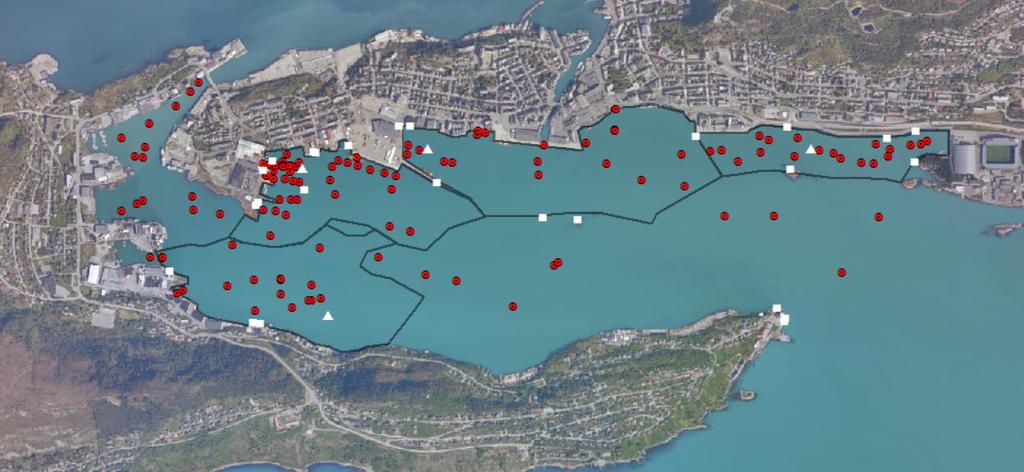 1 Innledning 1.5 Forurensningssituasjon En oversikt over alle prøvestasjoner i fjordområdet er vist i Figur 1-3. Figur 1-3 Alle prøvestasjoner fra Steinvågsundet i vest til Volsdalsvågen i øst.