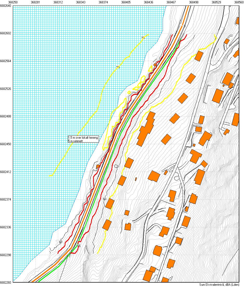 Oppdragsnr.: 517468 Dokumentnr.: AKU-1 Versjon: Støykotekart for uteareal og 1. etasje, med nye bygg Med føresetnader i denne rapporten vert langtidsmidla årsdøgnverdiar for støy som synt nedanfor.