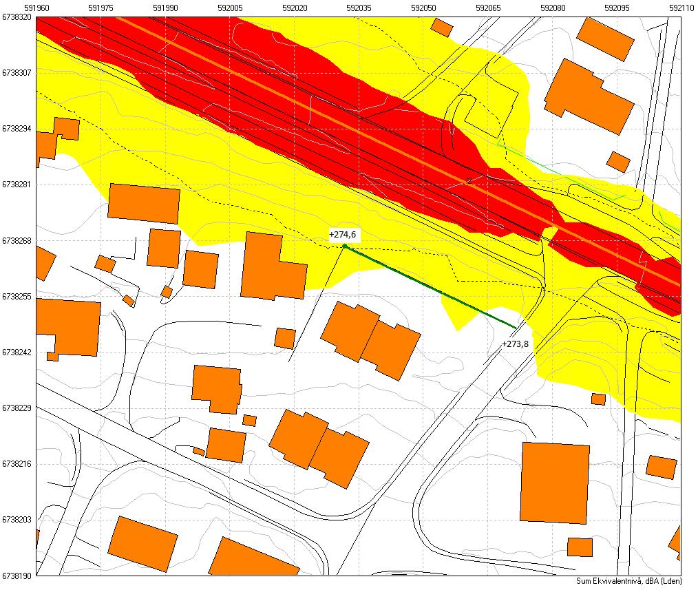 Utvendig støy Støykartleggingen i 1,5m viser at utearealene til byggene lengst nord blir støyutsatt. Det er derfor foreslått en støyskjerm i 2,5m høyde (kotehøyder angitt på kart 7).